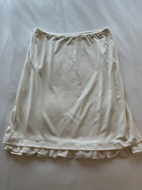with jean Ella skirt in off white -cream midi skirt with ruffle hem and buttons